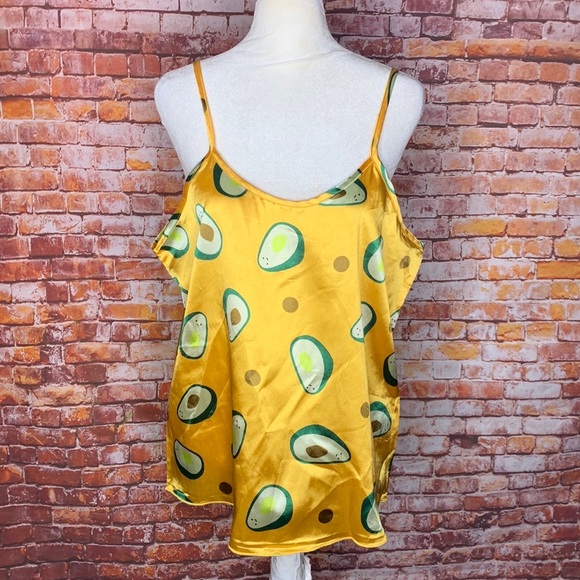 Two Piece Yellow Satin Avocado Print Shortie Pajama Set - Picture 2 of 11